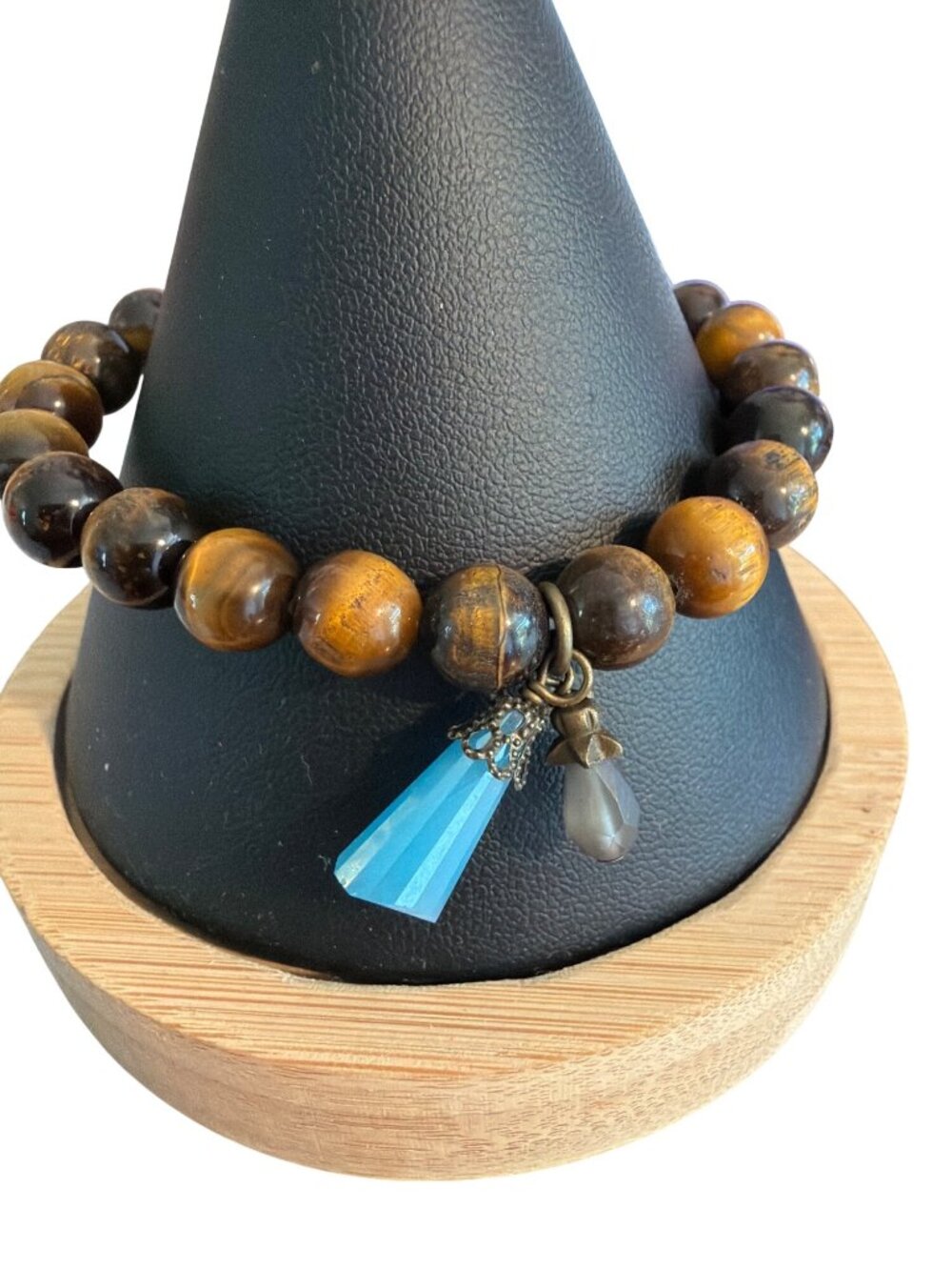 Tigers Eye Bead Stretch Bracelet Silver Tone Glass Charms 20.33g NWOT